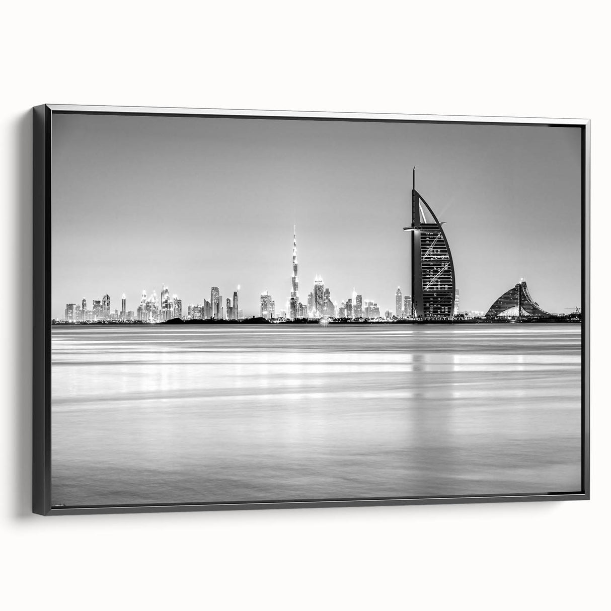 Black and white framed canvas of the Burj Al Arab in a vintage poster style, ideal for bedroom wall decor.