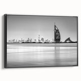 Black and white framed canvas of the Burj Al Arab in a vintage poster style, ideal for bedroom wall decor.