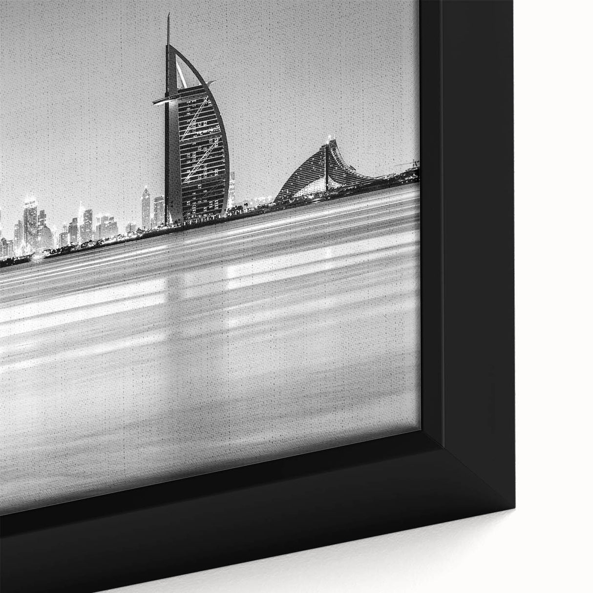Extra large black wall art featuring a textured depiction of the Burj Al Arab in vibrant colors on framed canvas.