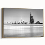 Framed canvas of the Burj Al Arab in muted gold and black tones, ideal for bedroom wall art.