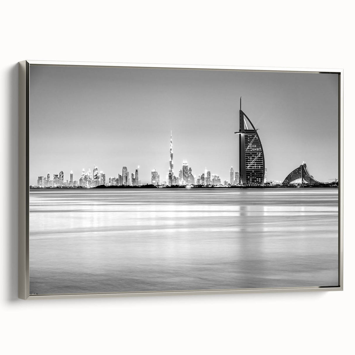 Framed canvas landscape art painting depicting the Burj Al Arab in muted black and silver tones.