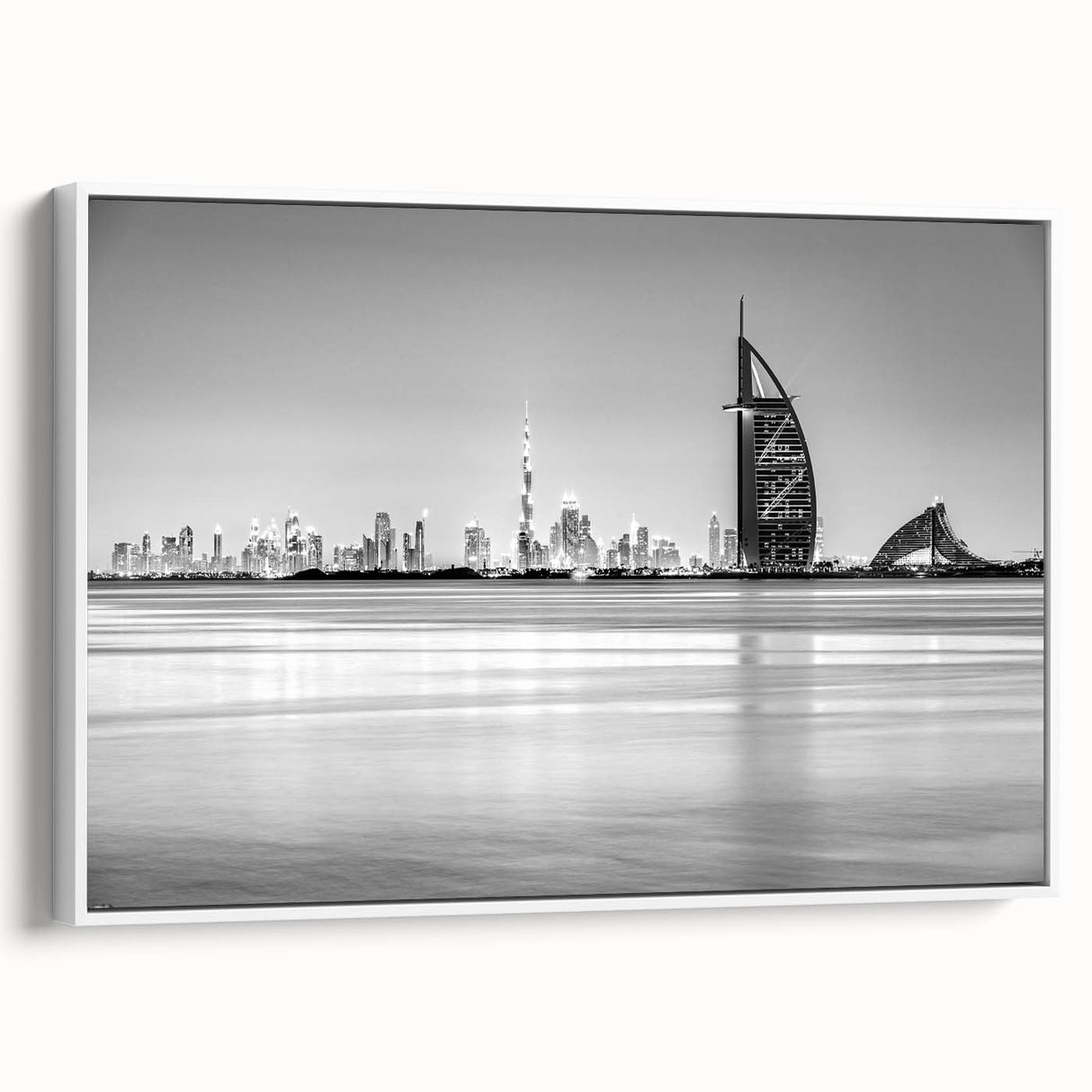 Vintage poster art of Burj Al Arab in colorful tones on extra large framed canvas, ideal for living room decor.