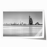 Extra large wall art featuring the Burj Al Arab in vibrant sunset hues on a rolled canvas, ideal for dining room decor.