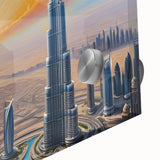 Acrylic print of a large abstract depiction of the Burj Khalifa in muted gray and blue tones, suitable for dining room art.