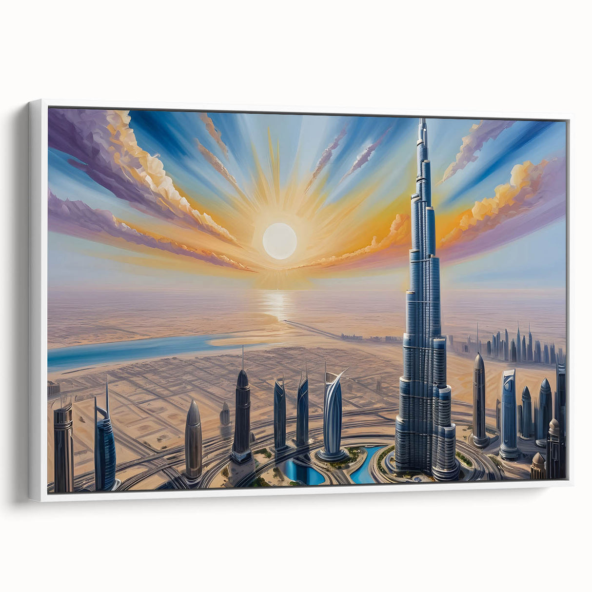 Vintage poster art of Burj Khalifa in colorful hues on extra large framed canvas, ideal for living room decor.