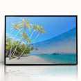 Large abstract wall art depicting a serene Oceania Fiji scenery in muted blue and green tones, framed in black acrylic.