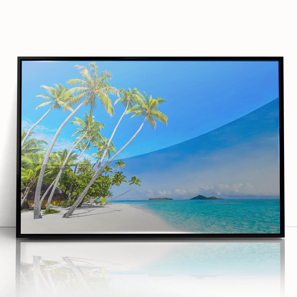 Large abstract wall art depicting a serene Oceania Fiji scenery in muted blue and green tones, framed in black acrylic.