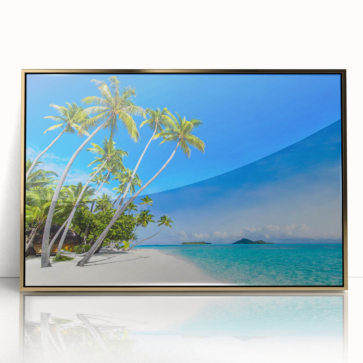 Framed acrylic print of a Fiji shoreline in pastel shades, ideal for modern art wall decor.