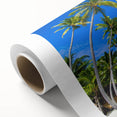 Art Deco poster of a tranquil Fiji beach scene on rolled canvas, featuring soft blue and sandy hues.