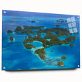 Large abstract oceanic scene in vibrant blue and turquoise on acrylic glass, ideal for bedroom or dining room art.
