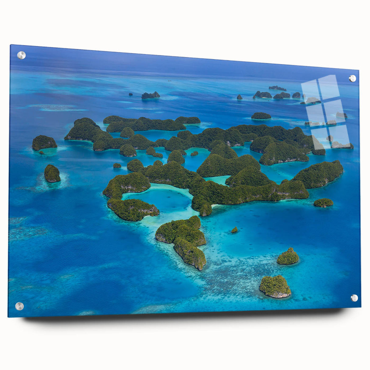 Large abstract oceanic scene in vibrant blue and turquoise on acrylic glass, ideal for bedroom or dining room art.