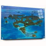 Large abstract oceanic scene in vibrant blue and turquoise on acrylic glass, ideal for bedroom or dining room art.
