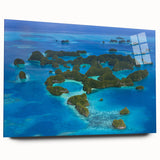 Large abstract wall art of an ocean scene in blue and green hues, acrylic glass format.