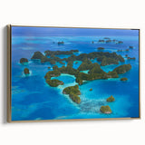 Framed canvas wall art depicting a vintage Micronesian landscape in muted gold and black tones, ideal for bedroom decor.
