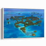 Vintage poster art of Micronesia scenery on white framed canvas, featuring vibrant oceanic colors.