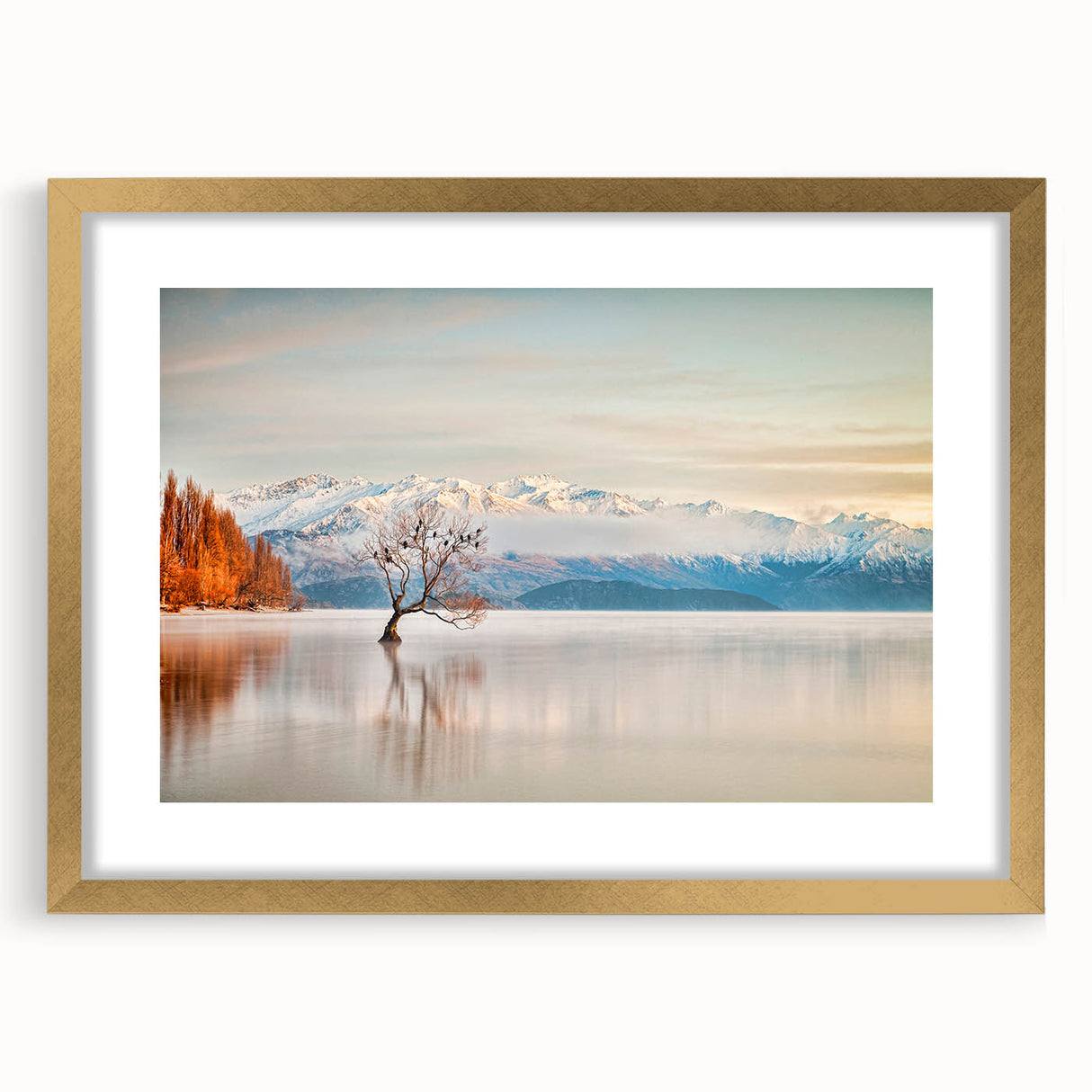 Extra large abstract art print of Otago, New Zealand, featuring textured hues of blue and green on a framed gold canvas.