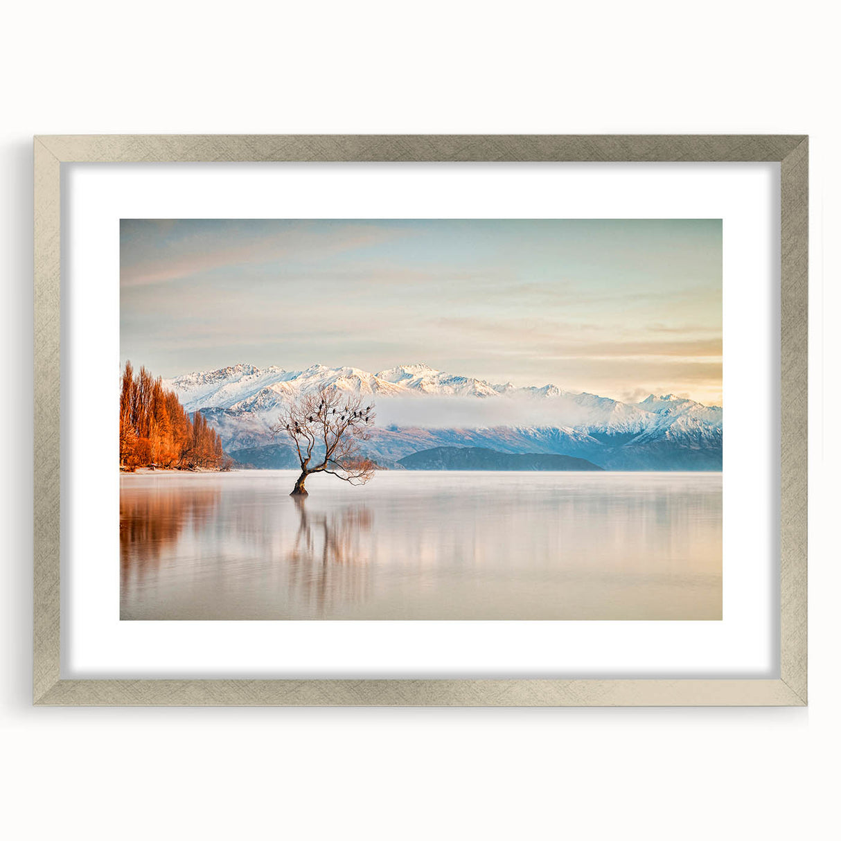 Textured abstract art print of Otago, New Zealand in muted earth tones on a silver-framed canvas, suitable for bedroom art.