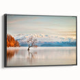 Black and white wall art featuring a vintage poster-style landscape of Otago, New Zealand, on a framed canvas.