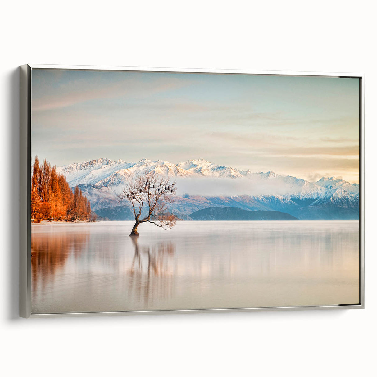 Framed canvas landscape art painting depicting Otago, New Zealand with vibrant greens and blues, ideal for living room decor.