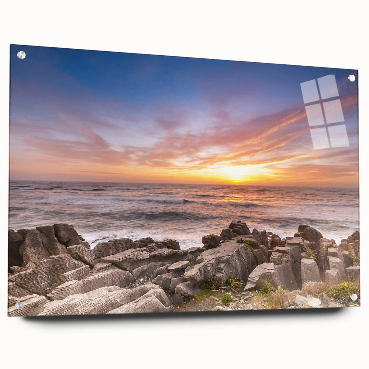 Acrylic print of a New Zealand west coast scene with vibrant blue and green hues.