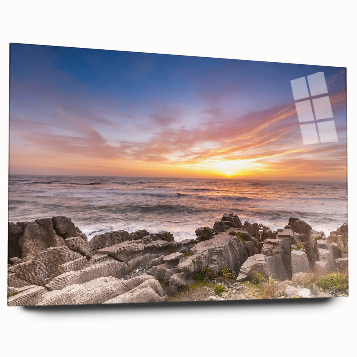 Large abstract wall art depicting the rugged New Zealand West Coast in muted earth tones on acrylic glass.
