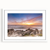 Abstract art print of New Zealand's West Coast in muted blue and gray tones on a framed white canvas.