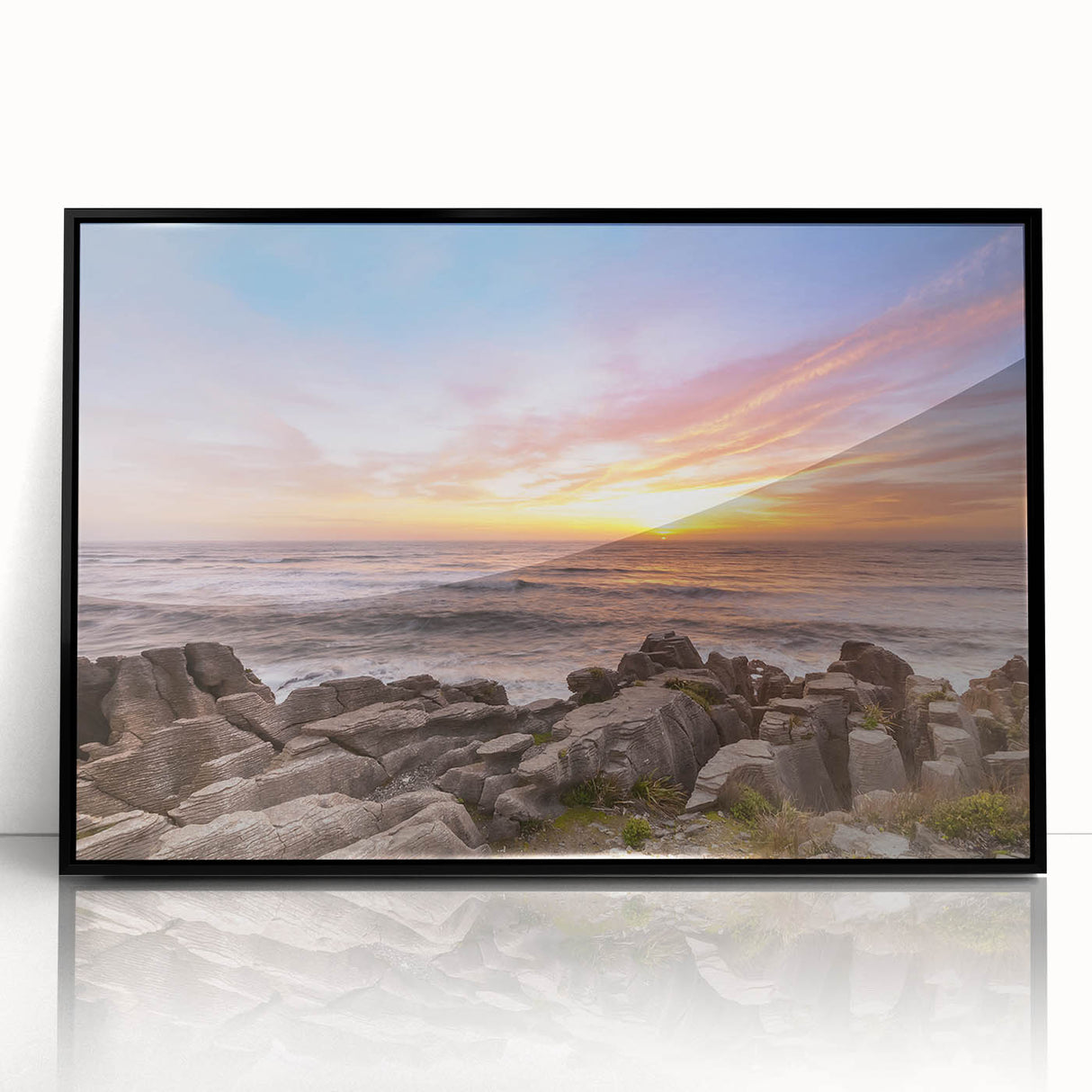 Large abstract wall art depicting the rugged New Zealand west coast in muted earth tones on a framed acrylic print.
