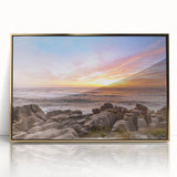Mid-century modernist acrylic print of New Zealand's West Coast in gold frame, ideal for modern art wall decor.