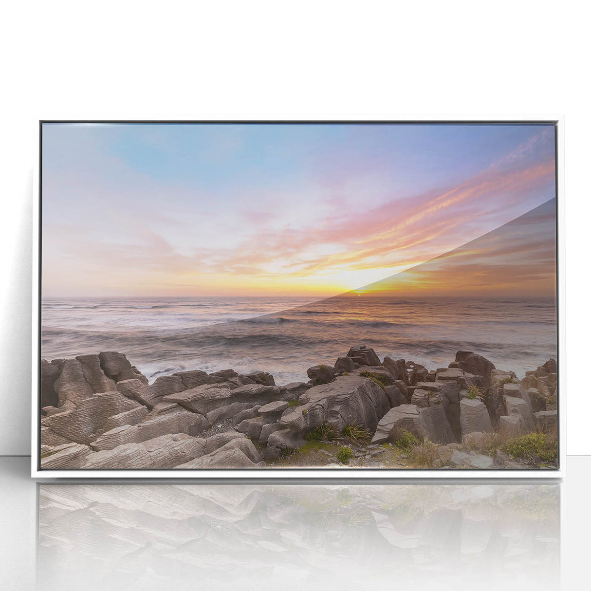 Art deco poster of New Zealand's West Coast in pastel shades, acrylic framed, ideal for modern nursery wall art.