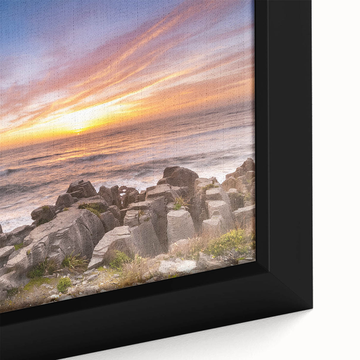Extra large framed canvas depicting a textured black coastal scenery with colorful accents, ideal for living room decor.