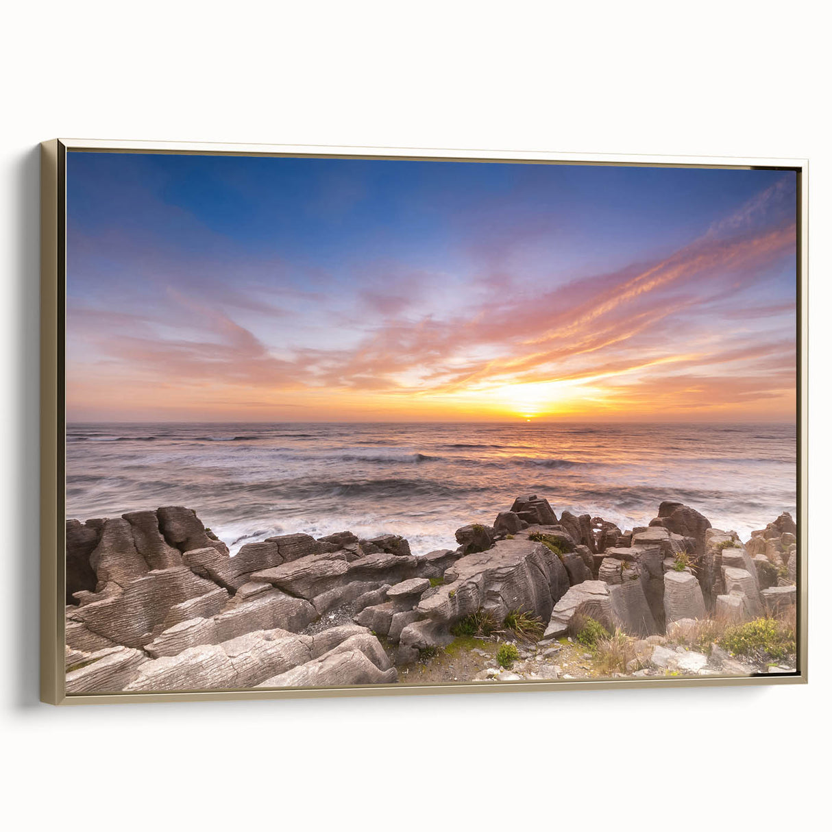 Framed canvas depicting a vintage-style black landscape painting of New Zealand's West Coast, ideal for bedroom wall art.