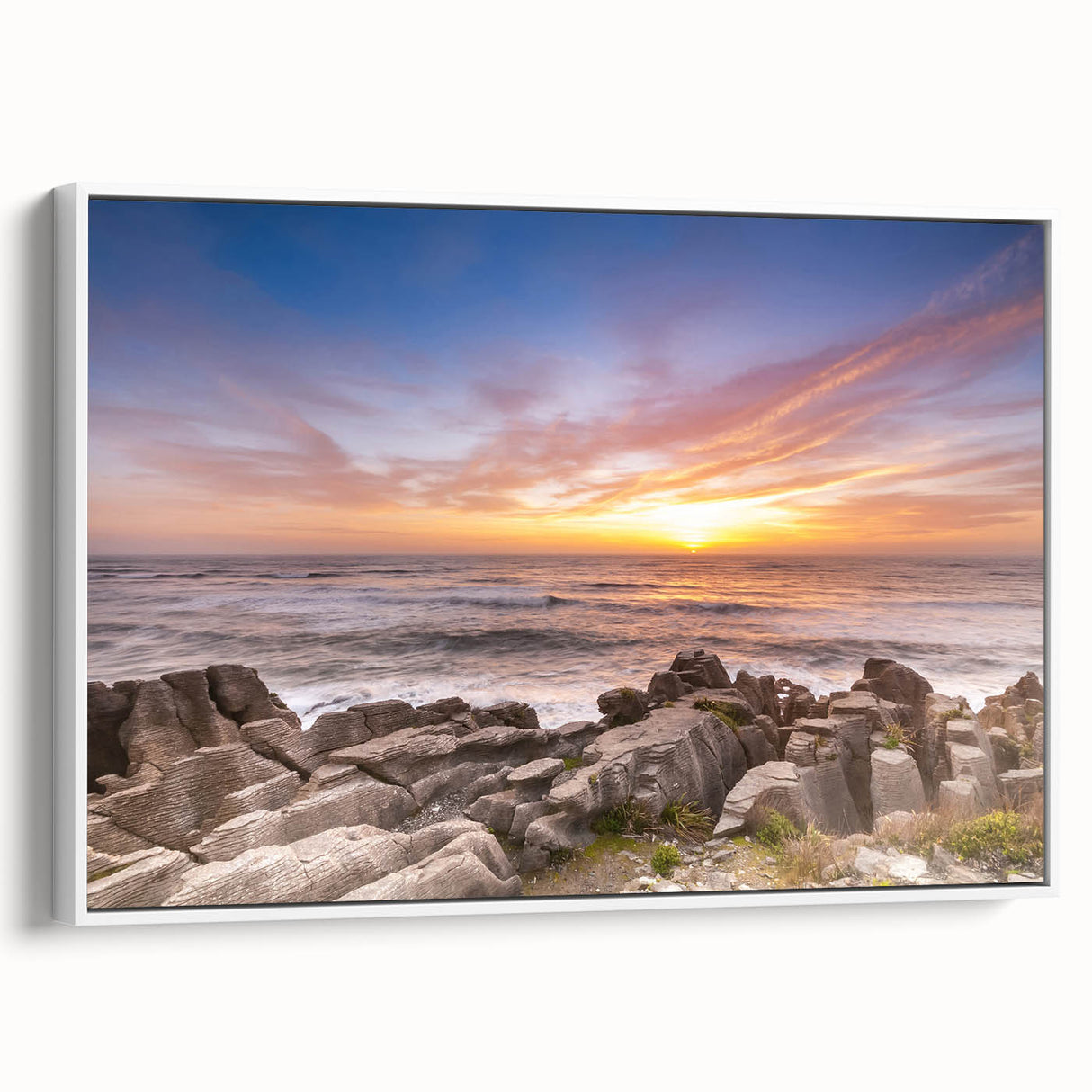 Vintage poster art of New Zealand's West Coast in vibrant colors on a large framed canvas, ideal for living room decor.