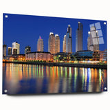 Acrylic print of a large abstract depiction of Buenos Aires skyline in muted blue and gray tones.