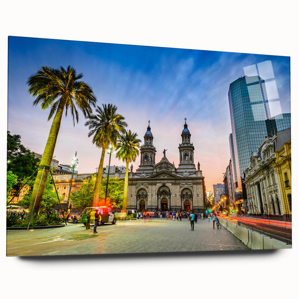 Acrylic print of a large abstract depiction of Santiago, Chile, in muted earth tones, ideal for bedroom or dining room art.