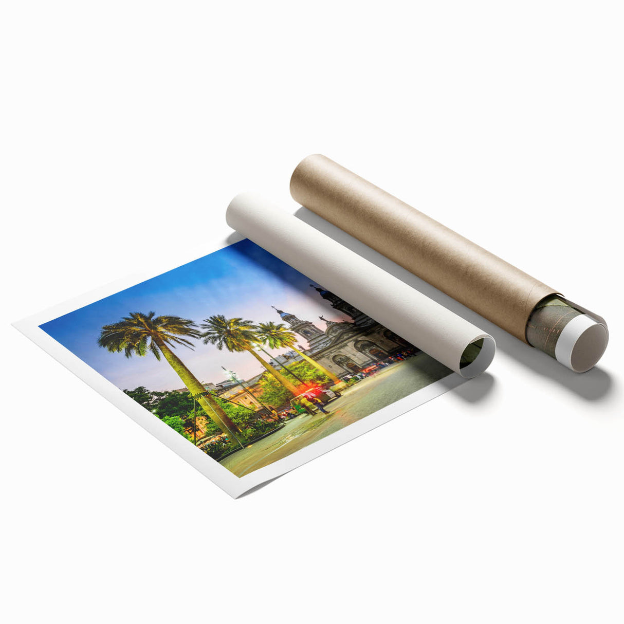 Extra large rolled print of Santiago, Chile skyline in muted earth tones, ideal for classy bathroom wall art.