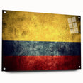 Large abstract wall art of a Colombian landscape in vibrant greens and blues on acrylic glass, ideal for dining room decor.