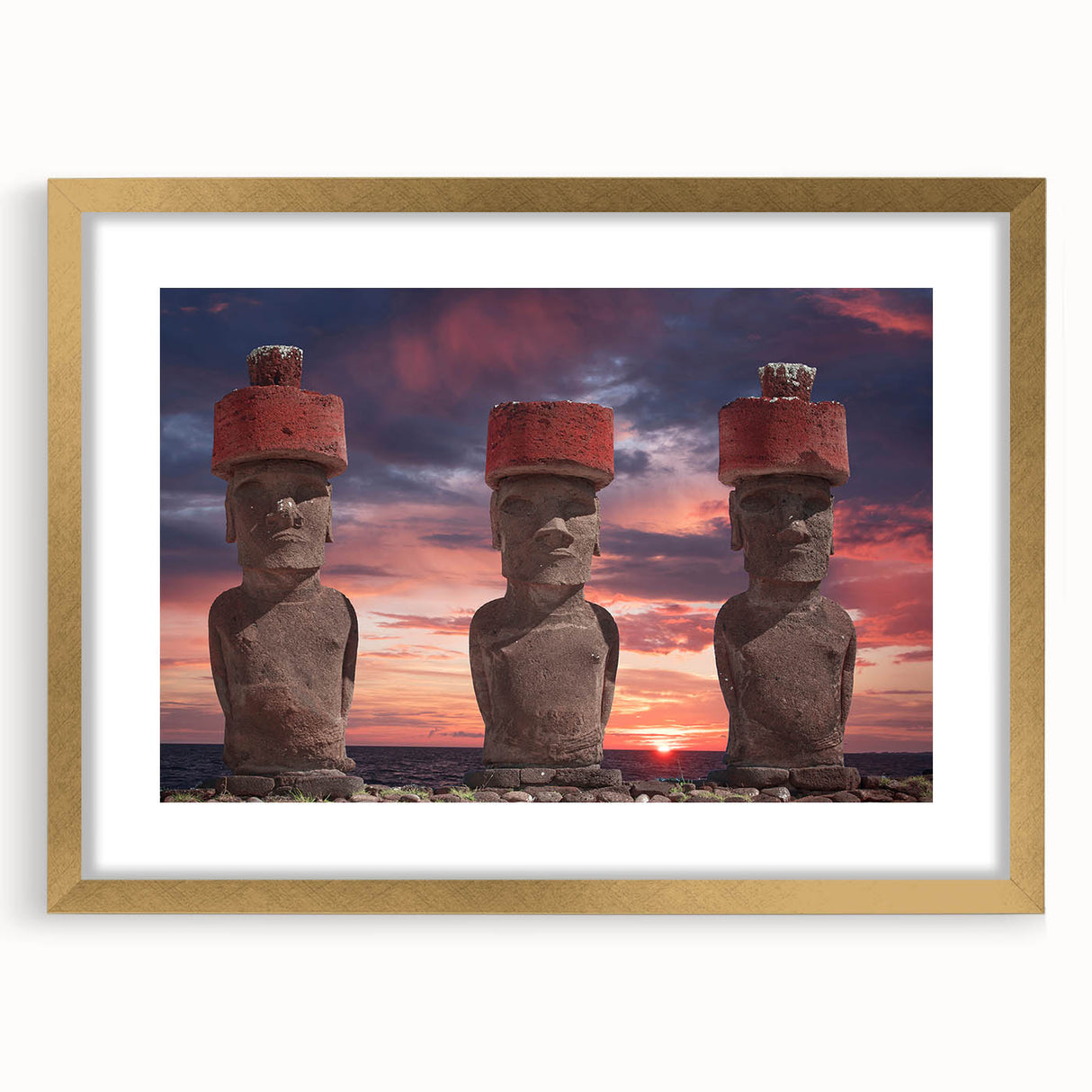 Extra large abstract art print of Easter Island scenery in muted earth tones on a textured canvas, framed in gold.
