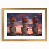 Extra large abstract art print of Easter Island scenery in muted earth tones on a textured canvas, framed in gold.