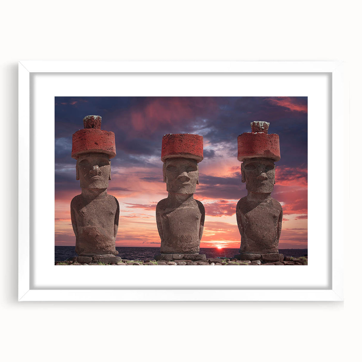Abstract art print of Easter Island scenery in muted earth tones on a framed white mat.