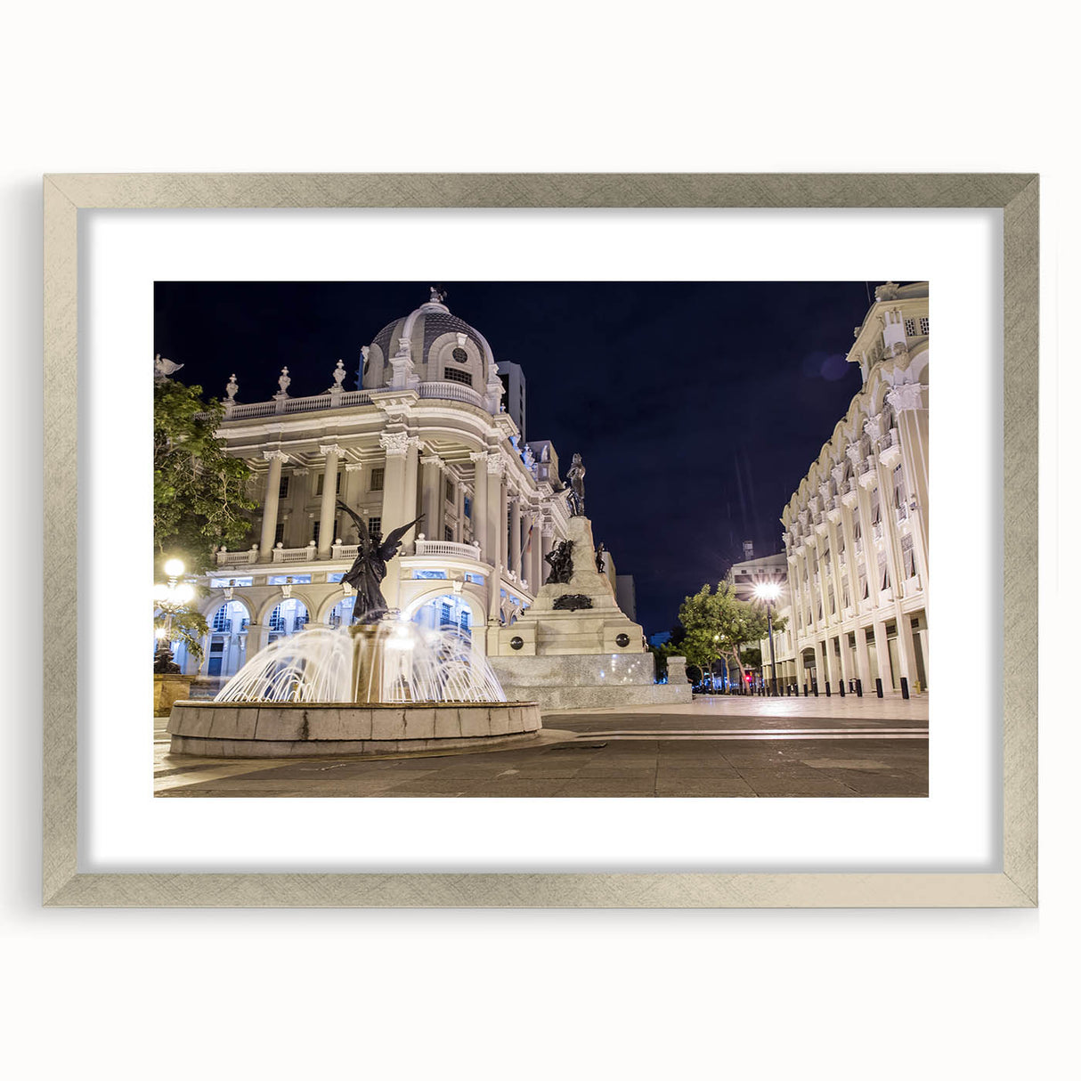 Textured abstract art print depicting Ecuador scenery in muted earth tones on a framed silver mat, suitable for bedroom art.