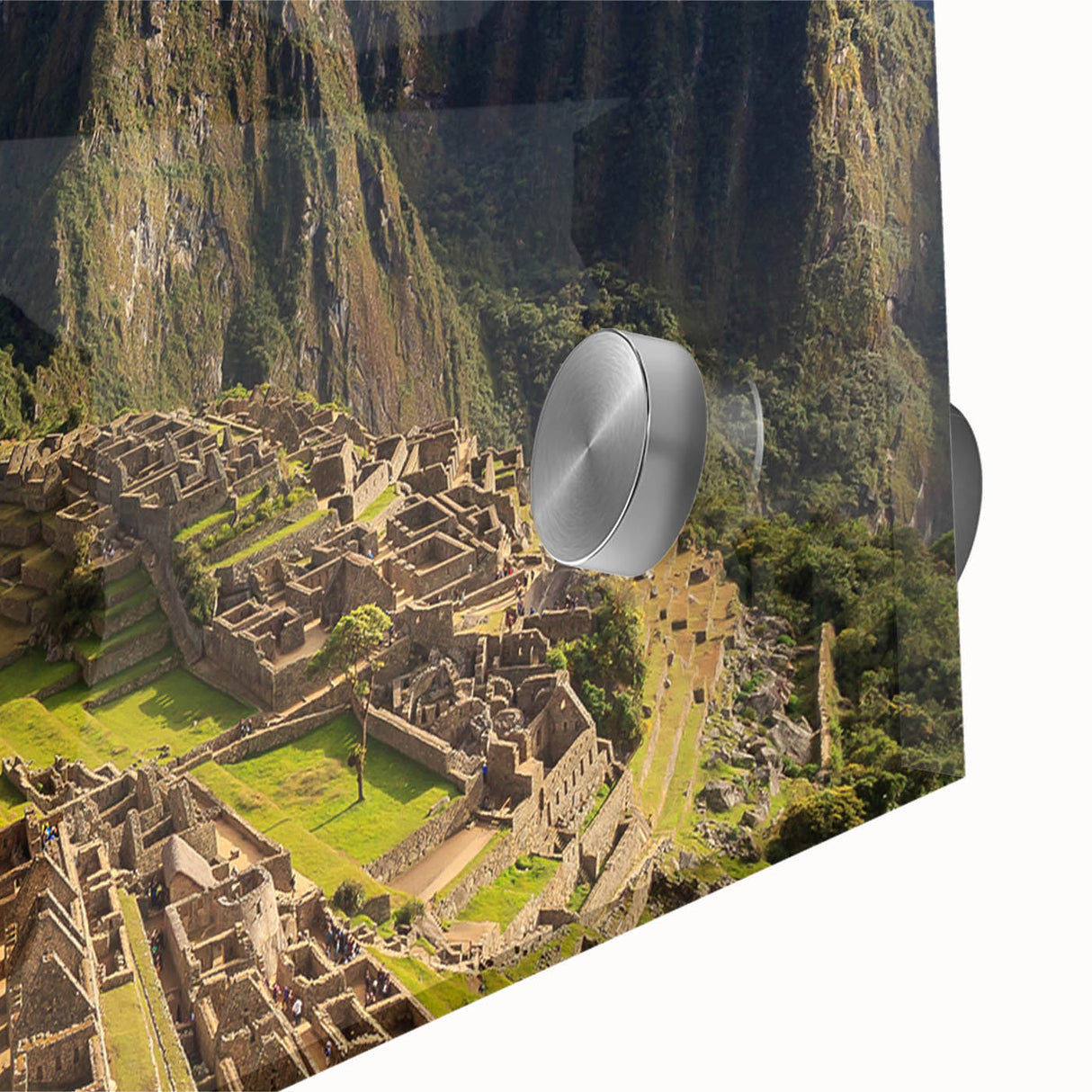 Acrylic print of Machu Picchu in muted earth tones, ideal for dining room art in a mid-century modernist style.