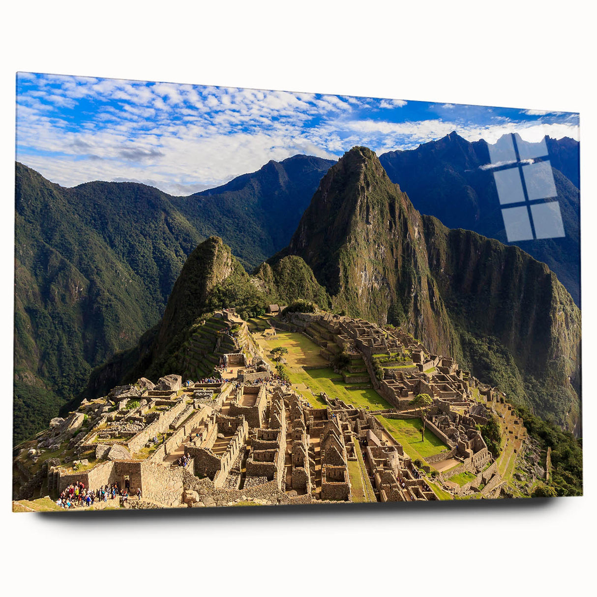 Acrylic print of Machu Picchu in muted green and earth tones, ideal for bedroom or dining room art.