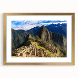 Extra large wall art of Machu Picchu in abstract style with textured gold frame, ideal for living room decor.