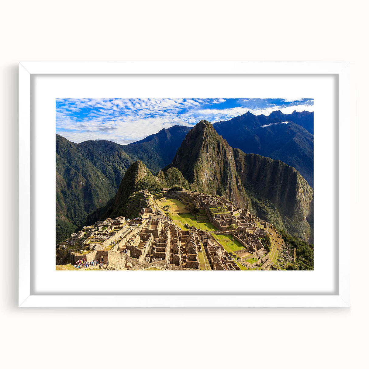Abstract art print of Machu Picchu in muted green and brown tones, framed with a white mat, suitable for dining room decor.