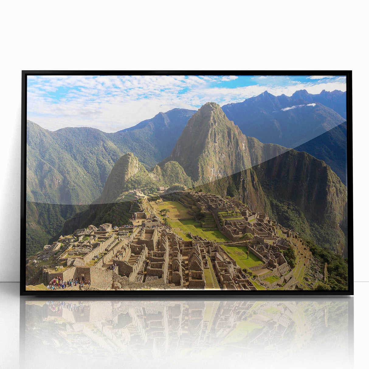 Large abstract wall art depicting Machu Picchu in muted earth tones on a framed acrylic, suitable for modern art wall decor.