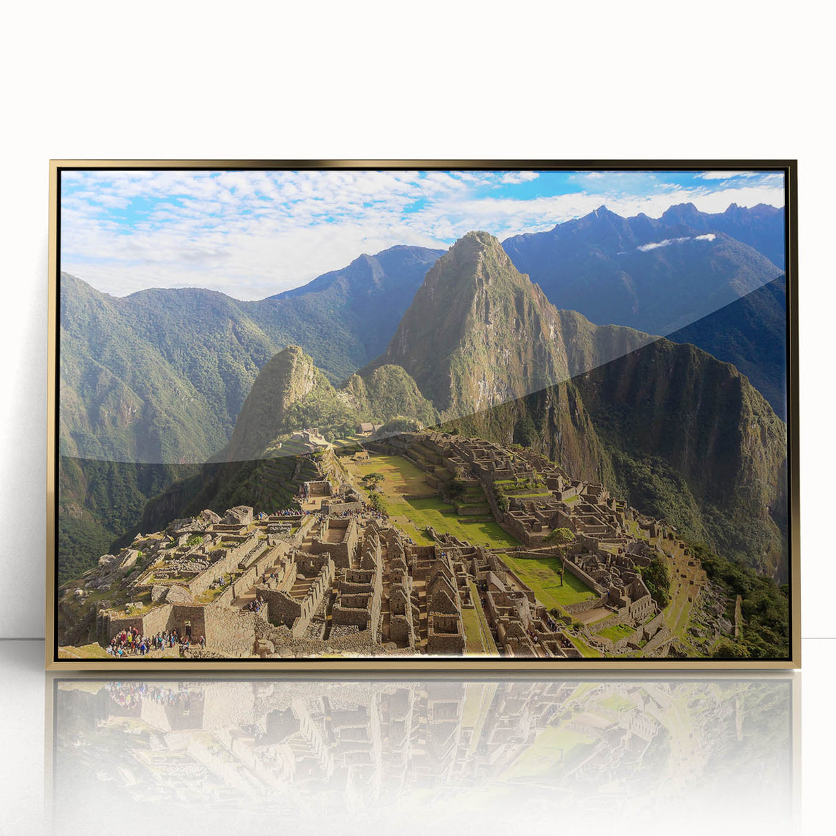 Framed acrylic print of Machu Picchu in muted earth tones, ideal for modern art wall decor.