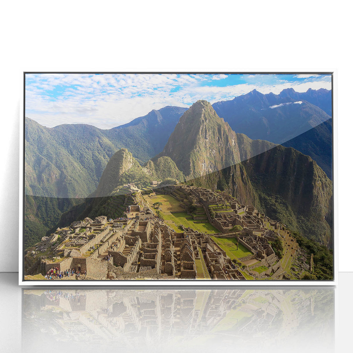 Acrylic print of Machu Picchu in muted green and brown tones, framed in white, suitable for modern art wall decor.