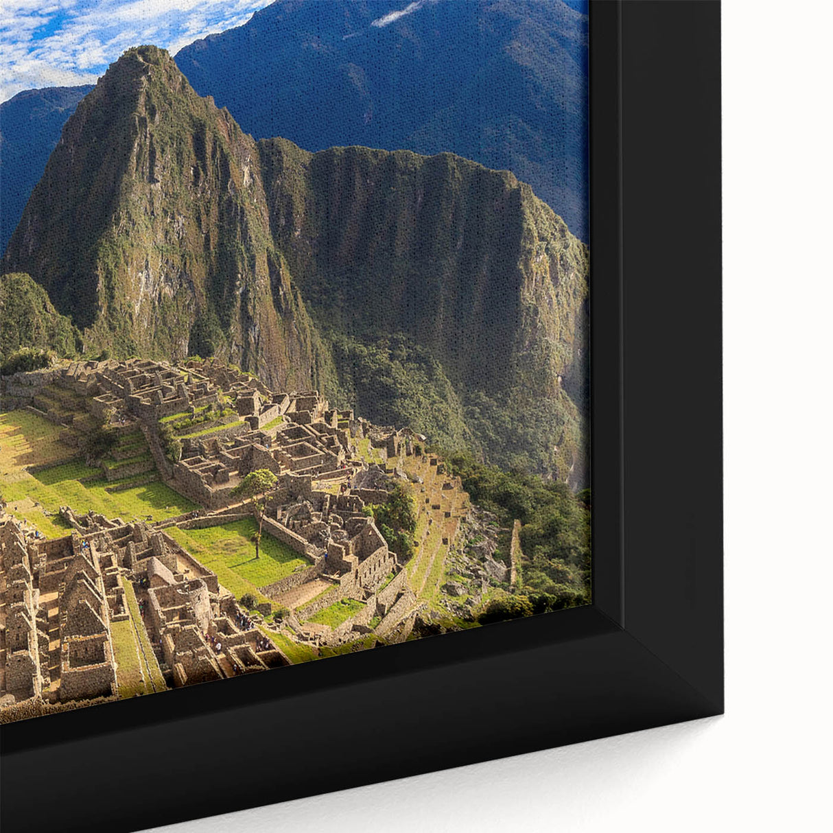 Extra large framed canvas depicting Machu Picchu in textured black and colorful art, ideal for living room decor.