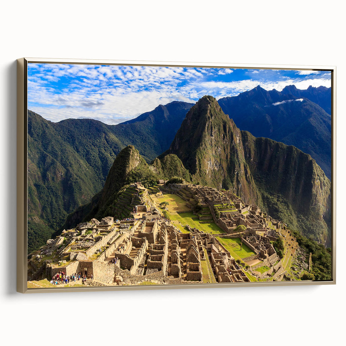 Framed canvas of Machu Picchu in muted earth tones, ideal for bedroom wall art with a vintage poster style.