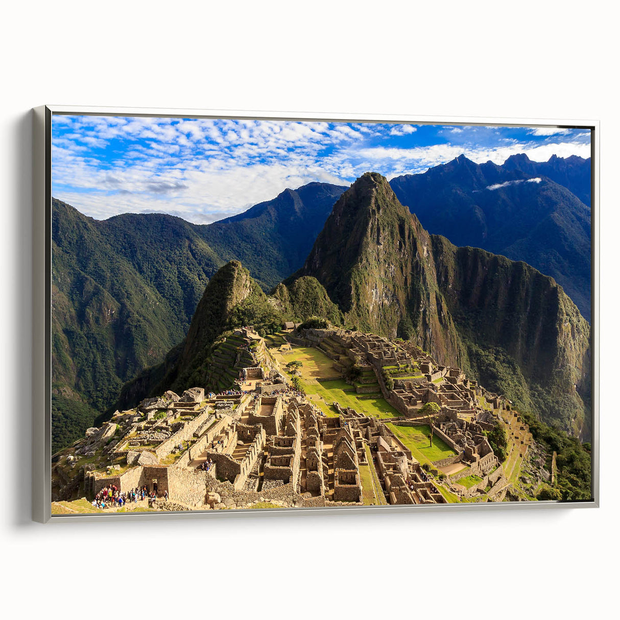 Framed canvas landscape art painting of Machu Picchu in muted earth tones, ideal for adding a historical touch to any room.